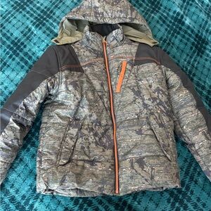 Kids Camo Puffer Jacket with Hood - Olive Green & Black